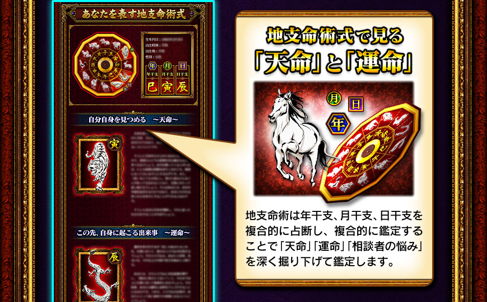 地支命術式で見る『天命』と『運命』　地支命術は年干支、月干支、日干支を複合的に占断し、複合的に鑑定することで「天命」「運命」「相談者の悩み」を深く掘り下げて鑑定します。