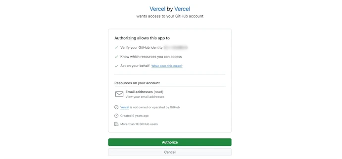 VercelがGitHubアカウントへのアクセス許可を求める画面。下部のAuthorizeボタンで連携する
