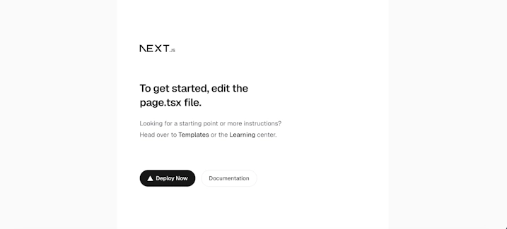 公開URLにアクセスした画面。Next.jsのテンプレートページに「To get started, edit the page.tsx file.」と表示されている