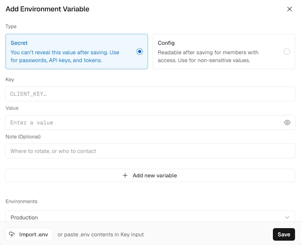 Add Environment Variable画面。TypeでSecretかConfigを選び、KeyとValueを入力してSaveする