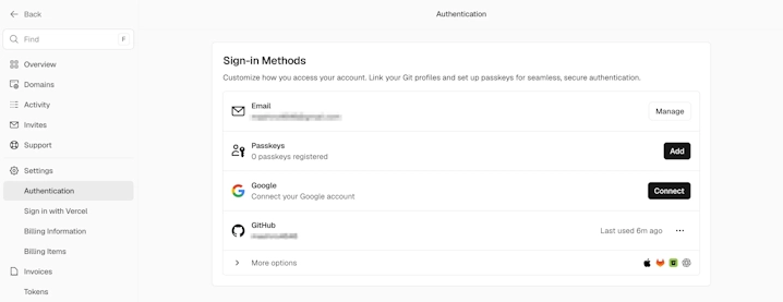 Vercelのアカウント設定のAuthentication画面。Sign-in MethodsにGitHubが連携済みとして表示されている