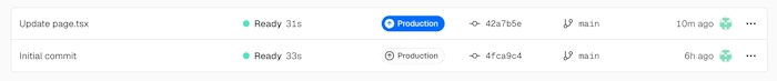 Deployments画面に、Update page.tsxのコミットによる新しいデプロイがReady・Productionとして追加されている