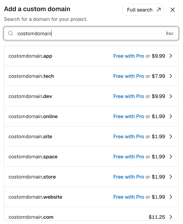 Add a custom domain画面。入力したドメイン名の候補がTLDごとに価格付きで一覧表示されている