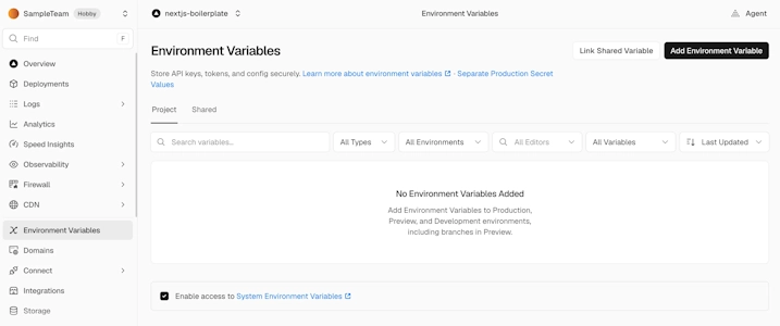 プロジェクトのEnvironment Variables画面。右上にAdd Environment Variableボタンがある