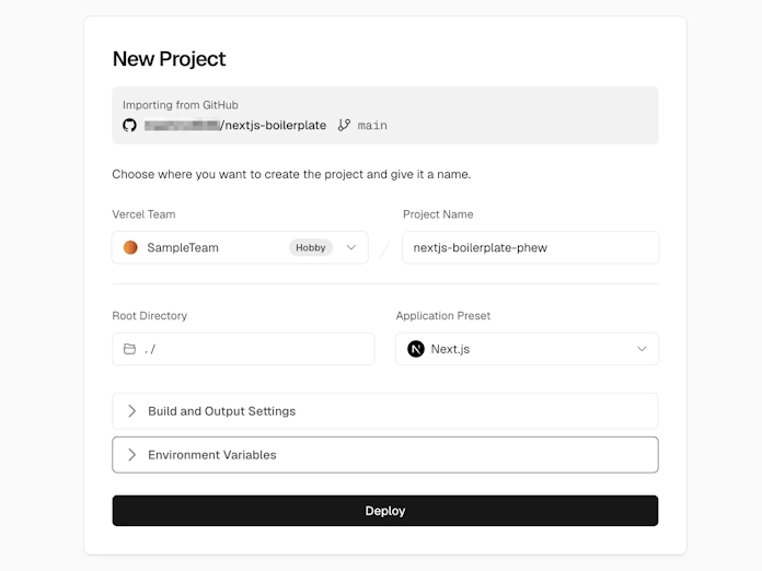 GitHubリポジトリをインポートするNew Project画面。Project Name、Root Directory、Application Preset、Build and Output Settings、Environment Variablesを設定してDeployを押す