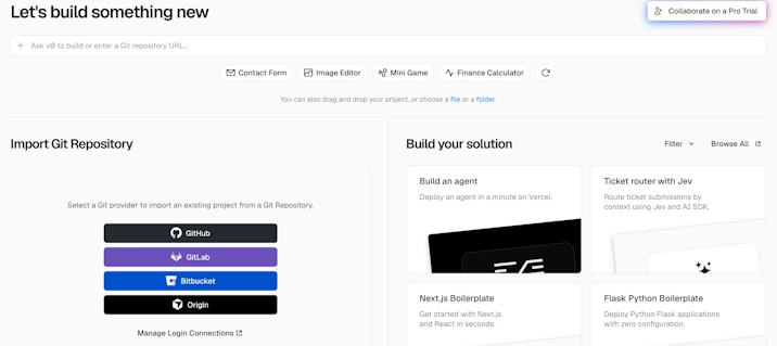 Vercelのプロジェクト作成画面。左側にImport Git Repository、右側にNext.js Boilerplateなどのテンプレートが並んでいる
