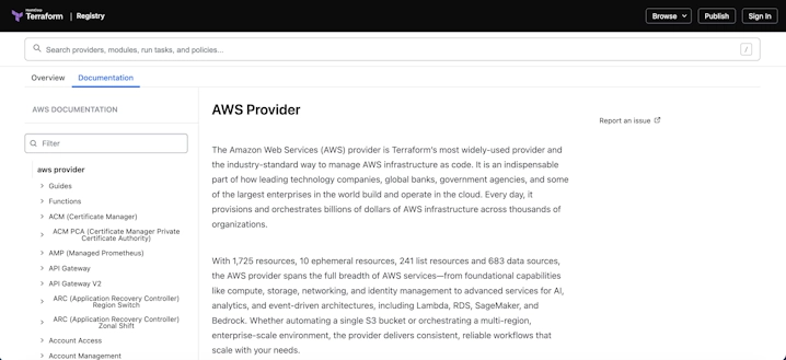 Terraform RegistryのAWS Providerドキュメントページ。左側のメニューからサービスごとのリソースを探せる