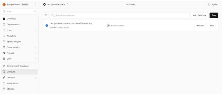 プロジェクトのDomains画面。vercel.appのドメインが表示され、右上にAdd ExistingとBuyのボタンがある