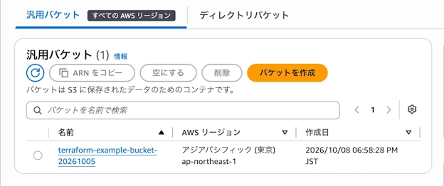 AWSマネジメントコンソールのS3汎用バケット一覧に、Terraformで作成したterraform-example-bucket-20261005がアジアパシフィック(東京)リージョンで表示されている画面