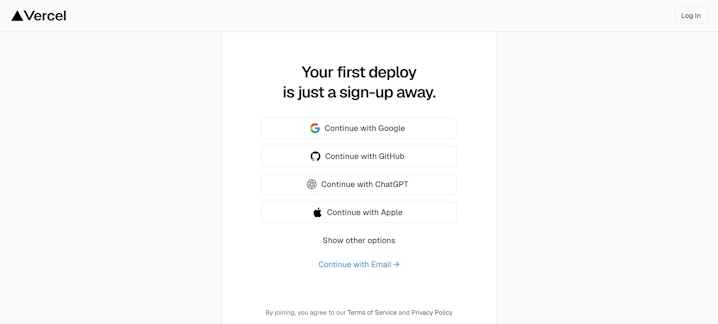 Vercelのサインアップ画面。Google・GitHub・ChatGPT・Appleのアカウントやメールアドレスで登録できる