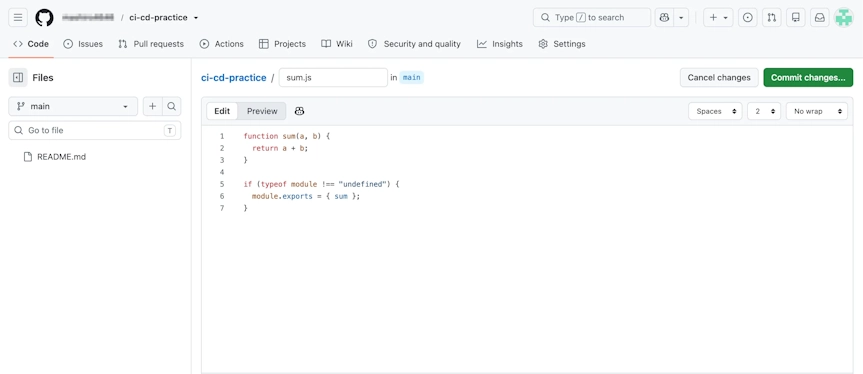 GitHubのファイル作成画面。ファイル名にsum.jsを入力し、足し算を行うsum関数のコードを記述した状態