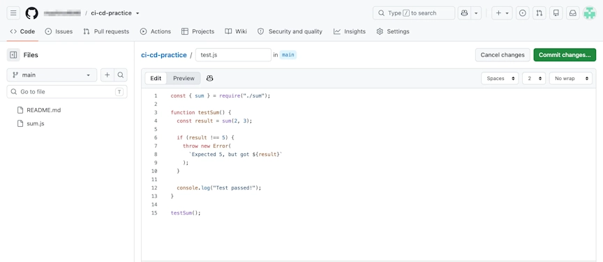 GitHubのファイル作成画面。ファイル名にtest.jsを入力し、sum(2, 3)の結果が5かどうかを確認するテストコードを記述した状態