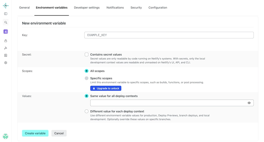 New environment variable画面。Key、Secret、Scopes、Valuesを設定してCreate variableを押す