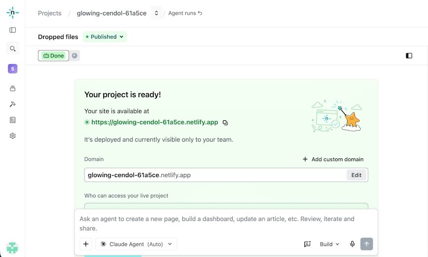 Netlify Dropでのアップロード完了画面。Your project is ready!と公開URL（○○.netlify.app）が表示されている