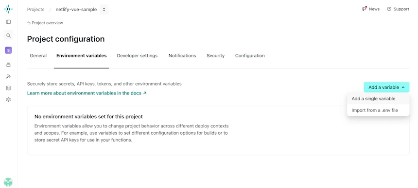 Project configurationのEnvironment variables画面。Add a variableからAdd a single variableとImport from a .env fileを選べる