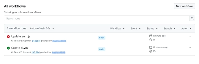 Actionsタブの実行一覧。Update sum.jsの実行が赤いバツ印で失敗し、その下にCreate ci.ymlの成功した実行が並んでいる状態