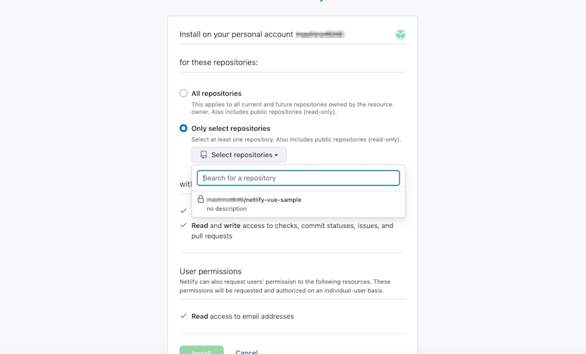 NetlifyのアプリをGitHubアカウントにインストールする画面。Only select repositoriesでnetlify-vue-sampleリポジトリを選択している