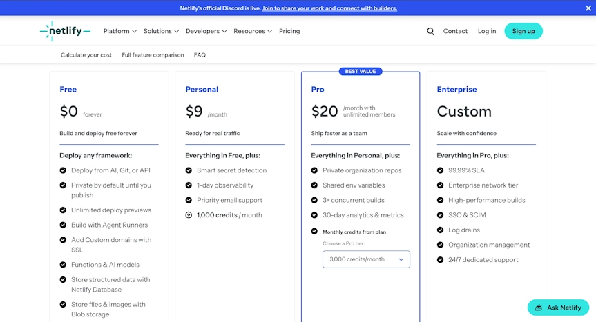 Netlifyの料金ページ。Free（0ドル）、Personal（月額9ドル）、Pro（月額20ドル）、Enterprise（個別見積もり）の4つのプランが並んでいる