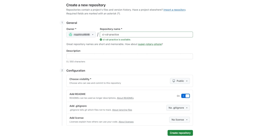 GitHubのリポジトリ新規作成画面。Repository nameにci-cd-practiceを入力し、公開範囲をPublic、Add READMEをOnにした状態