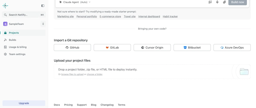 Netlifyのプロジェクト作成画面。Import a Git repositoryにGitHub・GitLab・Bitbucketなどの連携先が並んでいる