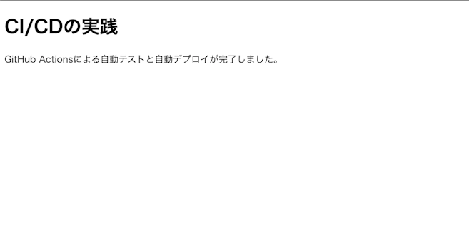 GitHub Pagesで公開されたWebページ。CI/CDの実践という見出しと、GitHub Actionsによる自動テストと自動デプロイが完了しましたという文章が表示されている