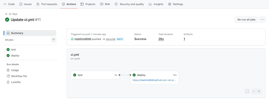 ワークフローの実行詳細画面。testジョブとdeployジョブが線でつながって両方成功し、deployの下に公開URLが表示されている状態