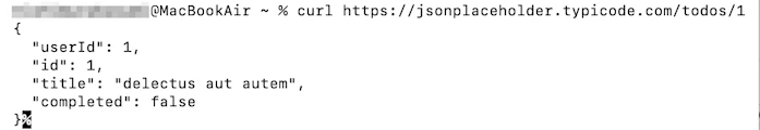 JSONPlaceholderの/todos/1にリクエストし、userId・id・title・completedを含むJSONデータが表示された画面