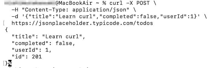 JSONPlaceholderの/todosにJSONをPOSTし、送信したデータに"id": 201が付いたJSONが返ってきた画面