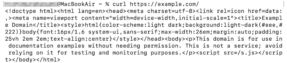 curl https://example.com/を実行し、example.comのHTMLがターミナルに表示された画面