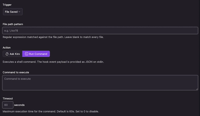 Agent Hooksの作成画面。トリガーにFile Saved、アクションにRun Commandを選び、実行するコマンドやタイムアウトを設定できる