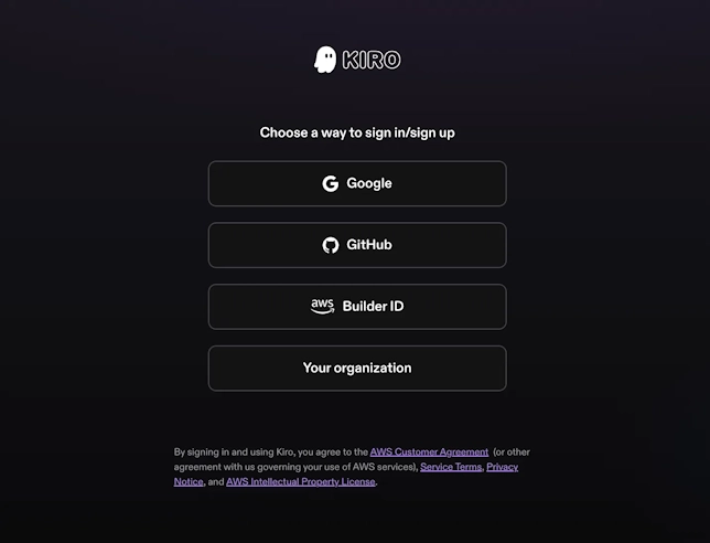 Kiroのサインイン方法の選択画面。Google・GitHub・AWS Builder ID・Your organizationから選べる