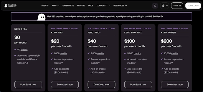 Kiroの料金ページ。Kiro Free・Pro・Pro+・Pro Max・Powerの5つのプランの月額料金とクレジット数が表示されている