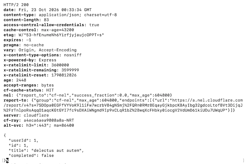 -iオプションを付けて実行し、HTTP/2 200のステータス行、レスポンスヘッダー、JSONの本文が表示された画面