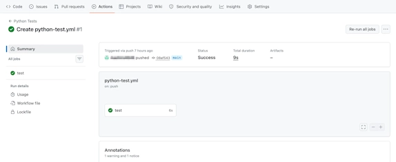 ワークフローの実行詳細画面で、StatusがSuccessになりtestジョブが成功している状態