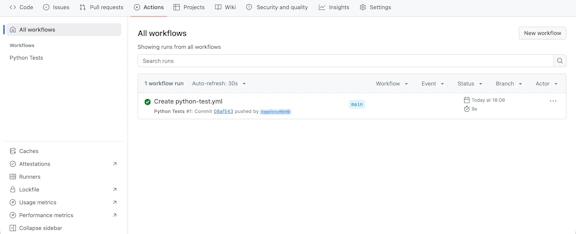 ActionsタブのAll workflowsに、Create python-test.ymlの実行履歴が成功として表示された画面