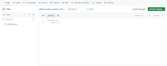 GitHubのファイル作成画面でcalculator.pyにadd関数を記述した状態