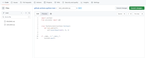 GitHubのファイル作成画面でtest_calculator.pyにunittestを使ったテストコードを記述した状態