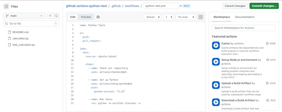 .github/workflows/python-test.ymlにPythonのテストを実行するワークフローを記述している画面