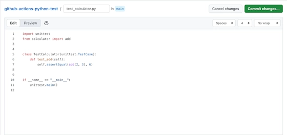 test_calculator.pyの期待値を5から6に変更している編集画面