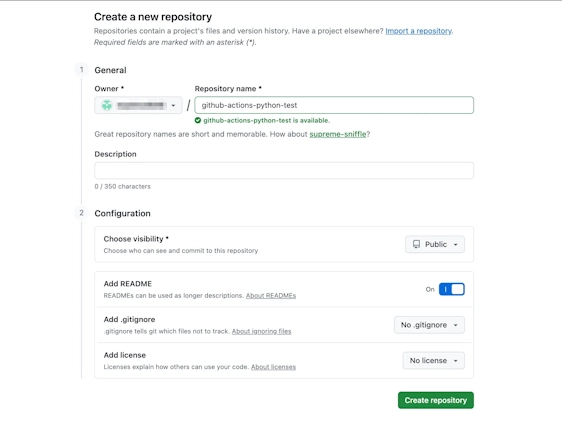 GitHubのCreate a new repository画面でリポジトリ名にgithub-actions-python-testを入力し、公開範囲をPublicに設定した状態