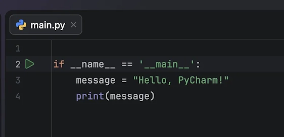 main.pyにHello, PyCharm!を出力するサンプルコードを記述したエディター画面