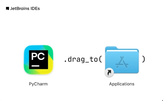 macOSのディスクイメージを開き、PyCharmのアイコンをApplicationsフォルダーへドラッグする画面