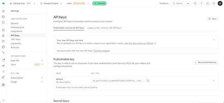 Project SettingsのAPI Keys画面