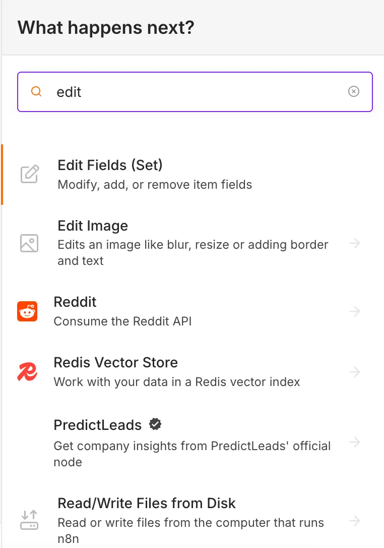 「Edit Fields」ノードを追加するn8nの画面