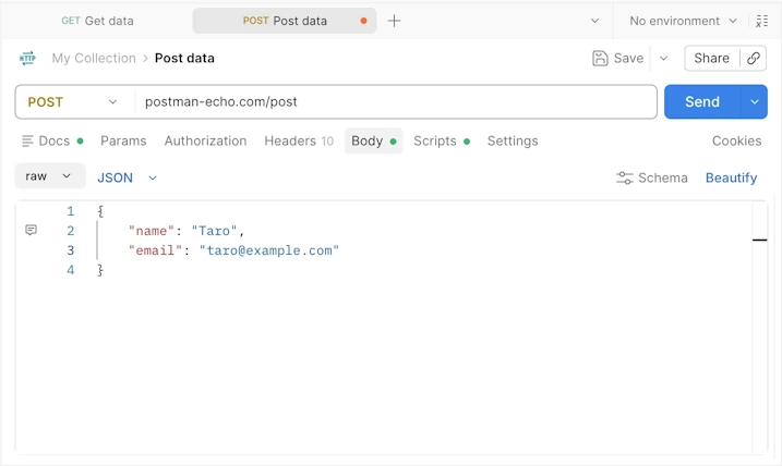 PostmanのBodyタブでJSONを入力した画面