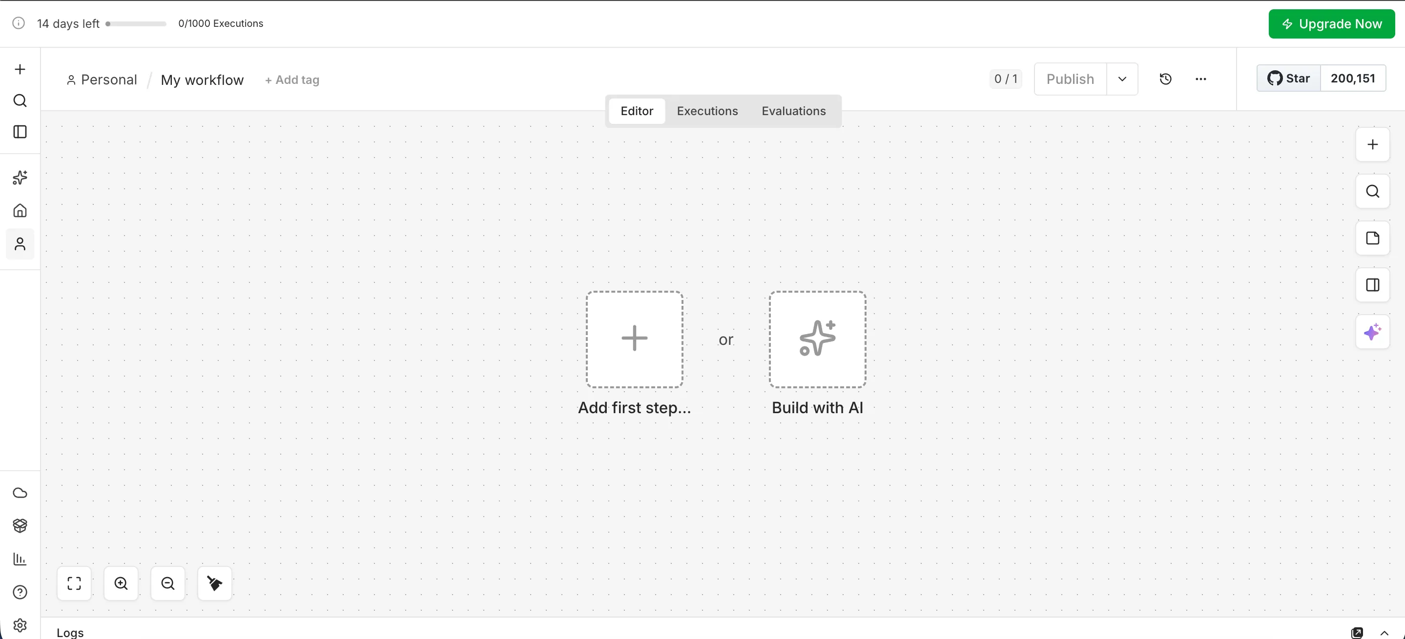 「New workflow」から移動するn8nのワークフロー作成画面