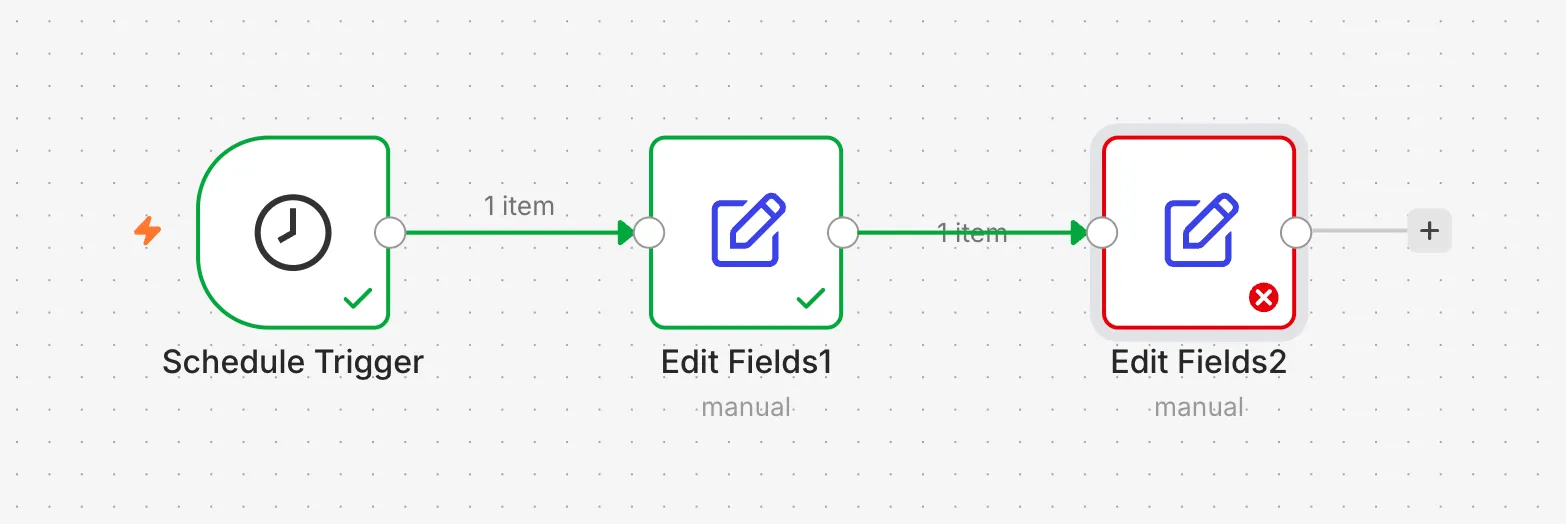 テストでエラーが発生した際のn8nのノードの表示