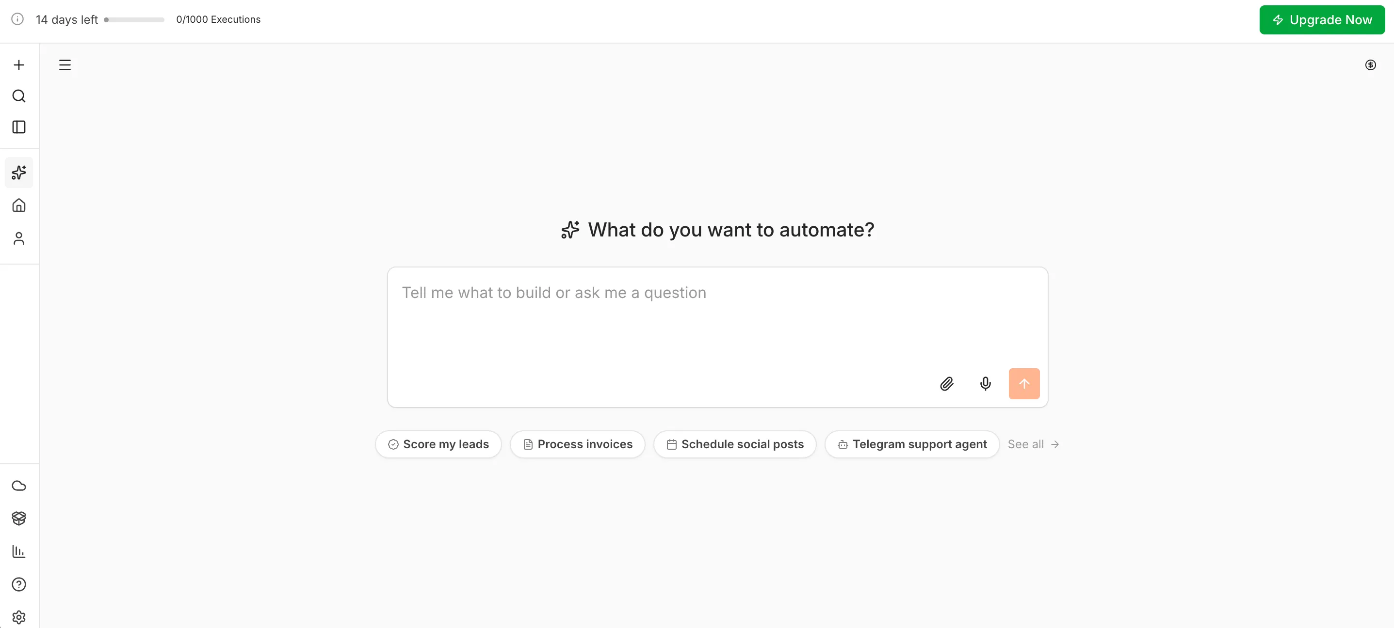 「Start Automating」を押すと表示されるn8nのホーム画面