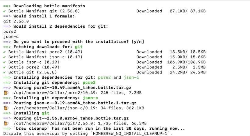 brew install gitを実行し、Gitと依存パッケージがインストールされたターミナル画面