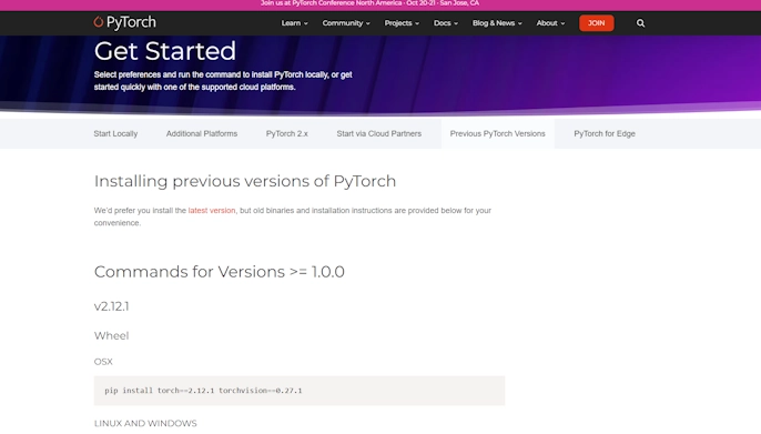 PyTorch 特定バージョンのインストールコマンド